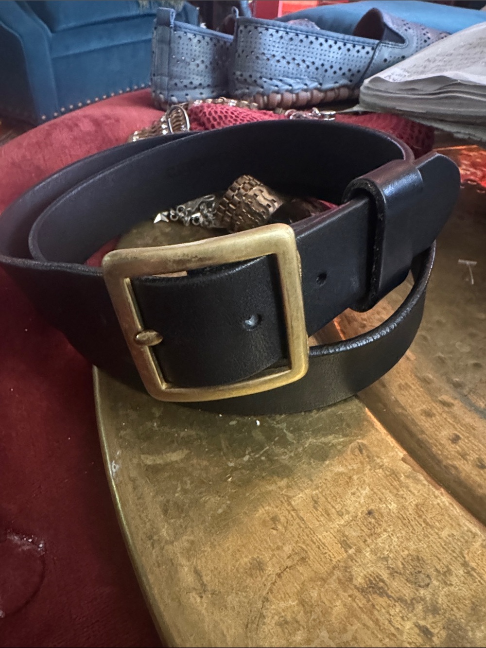 J. Crew Black Leather Belt with Antiqued Brass Buckle
